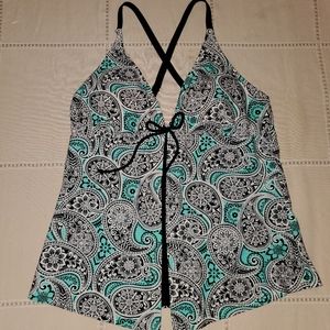 NWOT Swimsuit Top with black, turquoise, and white paisley pattern